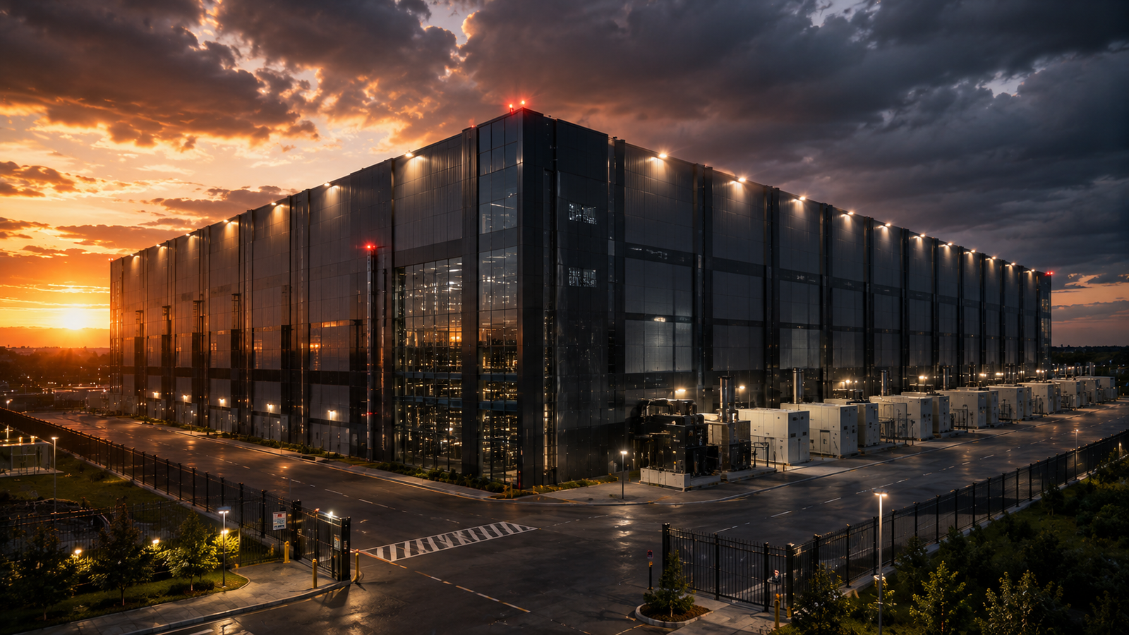 Modern Industrial Data Center Architecture at Sunset | HD Copyright Free Image