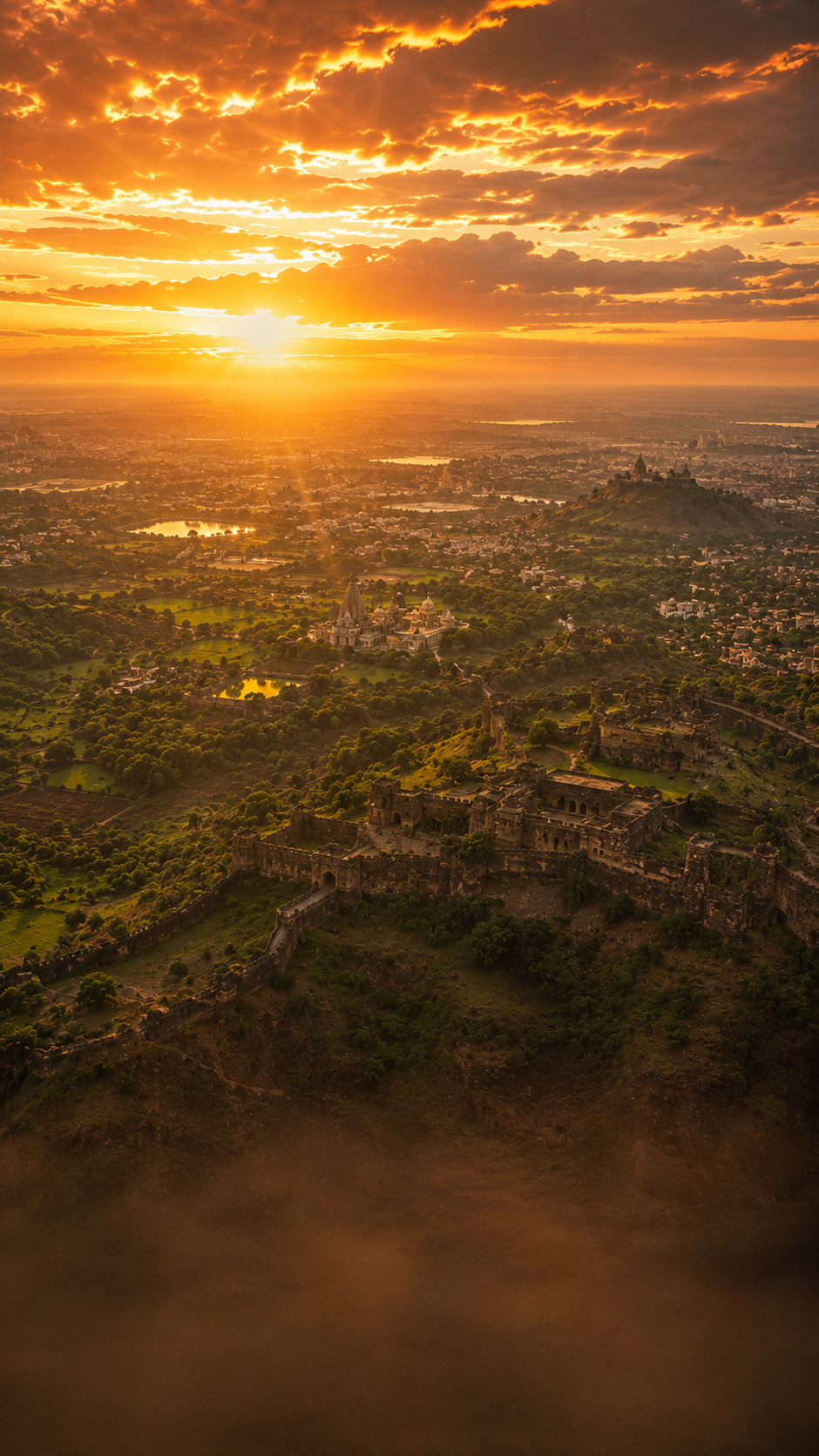 Ancient Fort City at Golden Sunset – Aerial Landscape