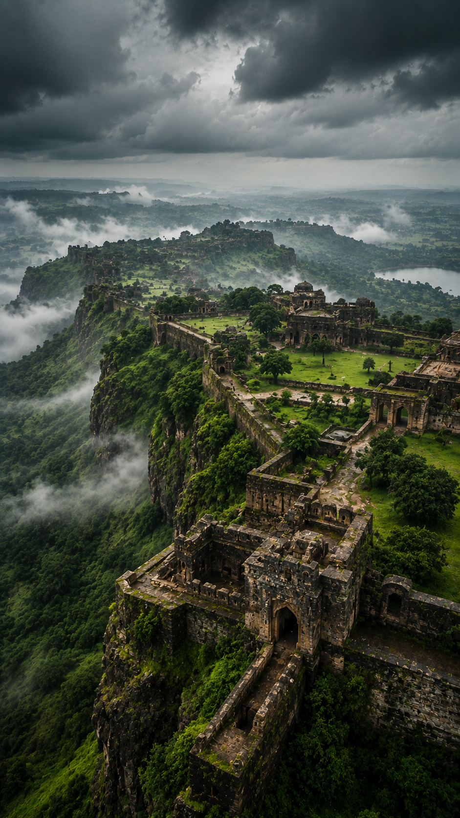 Ancient Hill Fort Surrounded by Misty Green Mountains