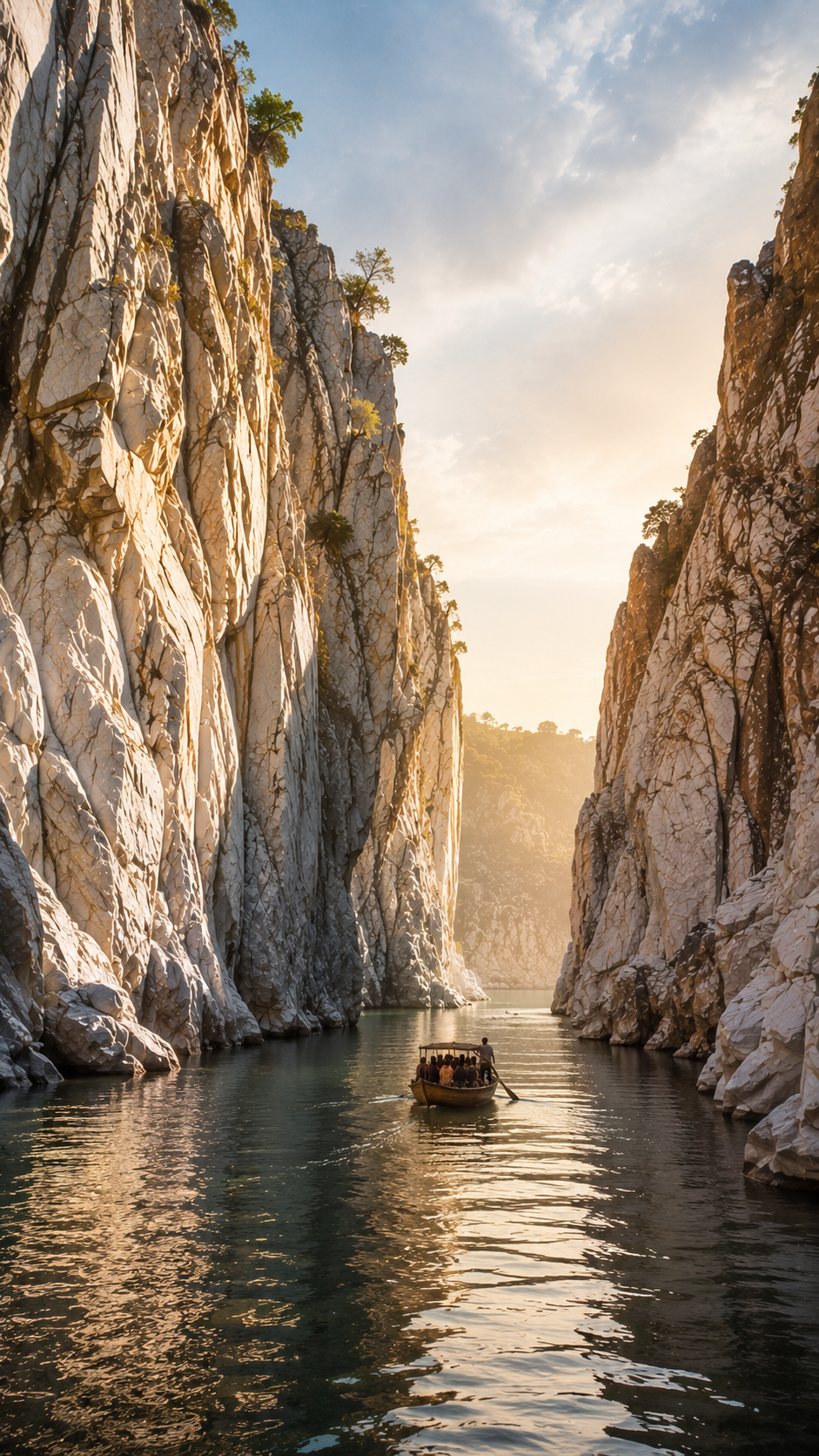 Scenic Mountain Canyon River with Boat at Golden Sunset