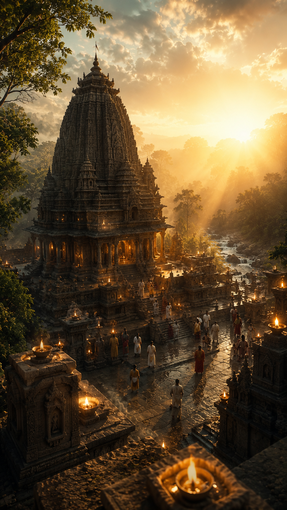 Ancient Hindu temple surrounded by forest and waterfalls during a golden sunset