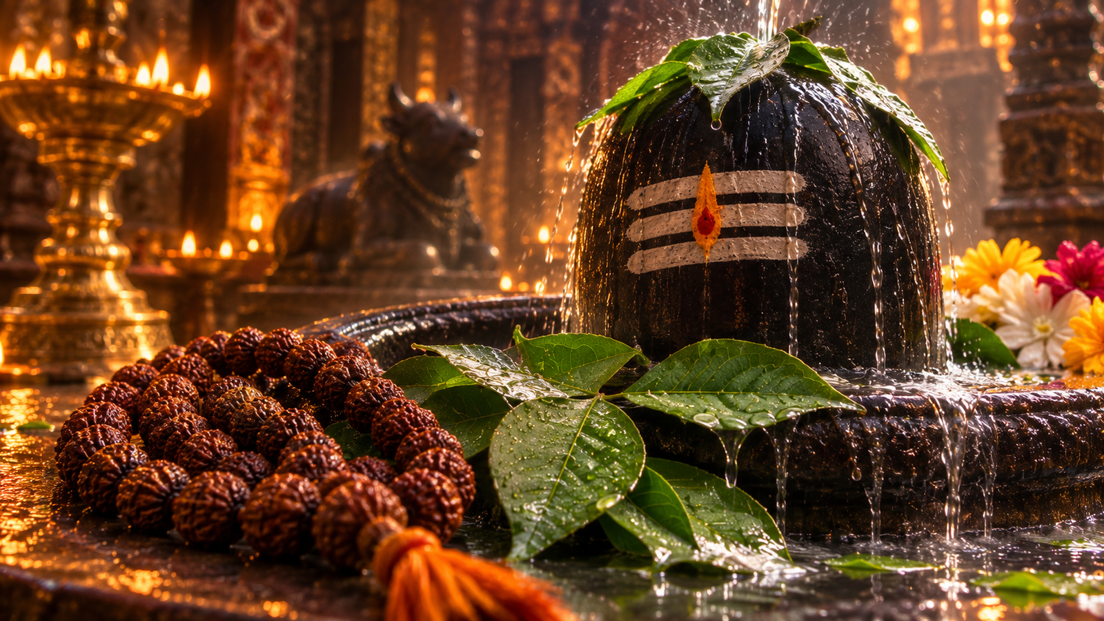 Lord Shiva Shivling Abhishek with Rudraksha and Bilva Leaves